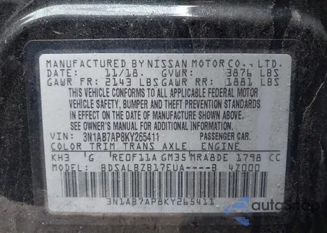 2019 Nissan Sentra z USA, uszkodzony, nr VIN 3N1AB7AP8KY265411